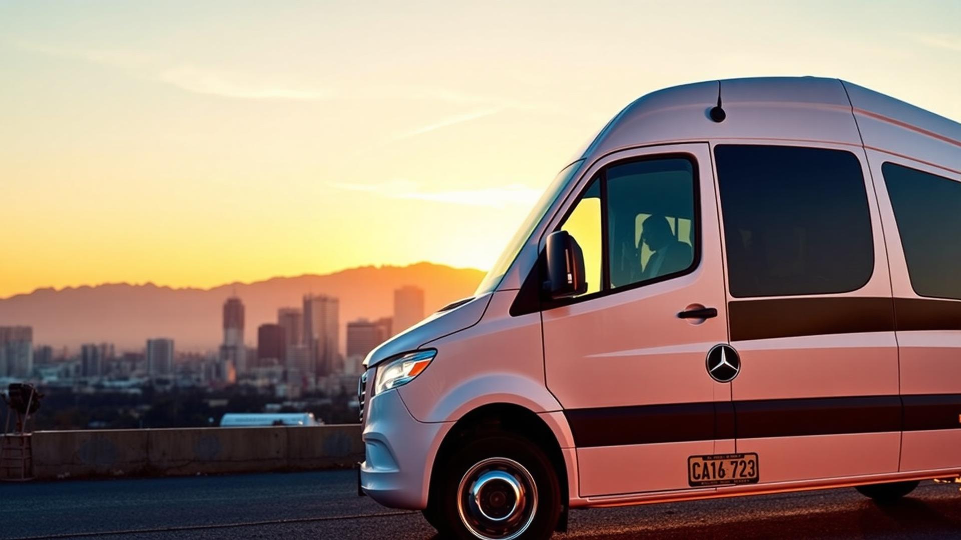 Van executiva Mercedes Sprinter branca ao pôr do sol em Santiago